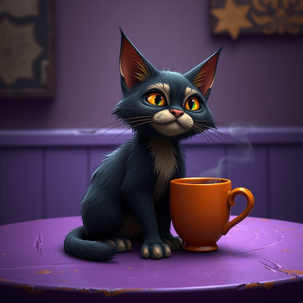 Whimsical Feline Coffee Connoisseur on Distressed Table