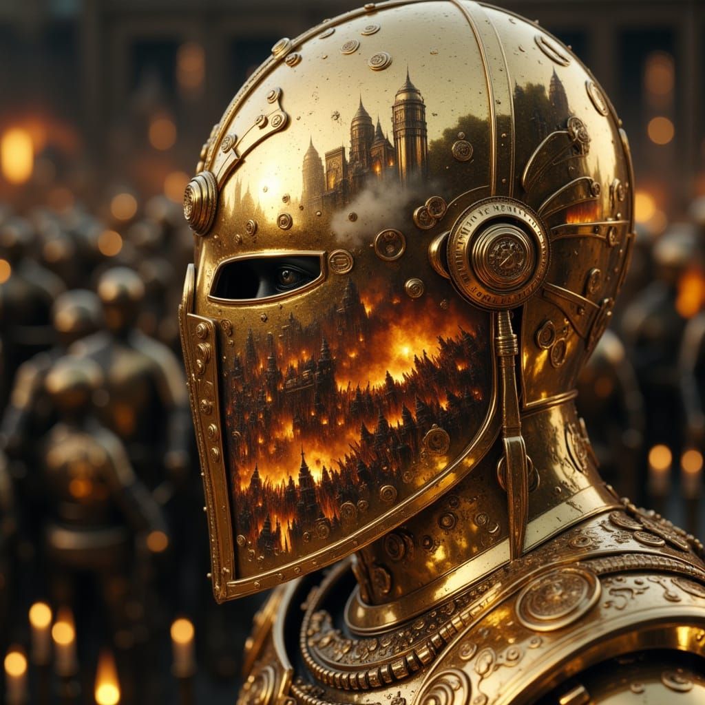 Golden Knight Helmet Reflecting Epic Battle Scene
