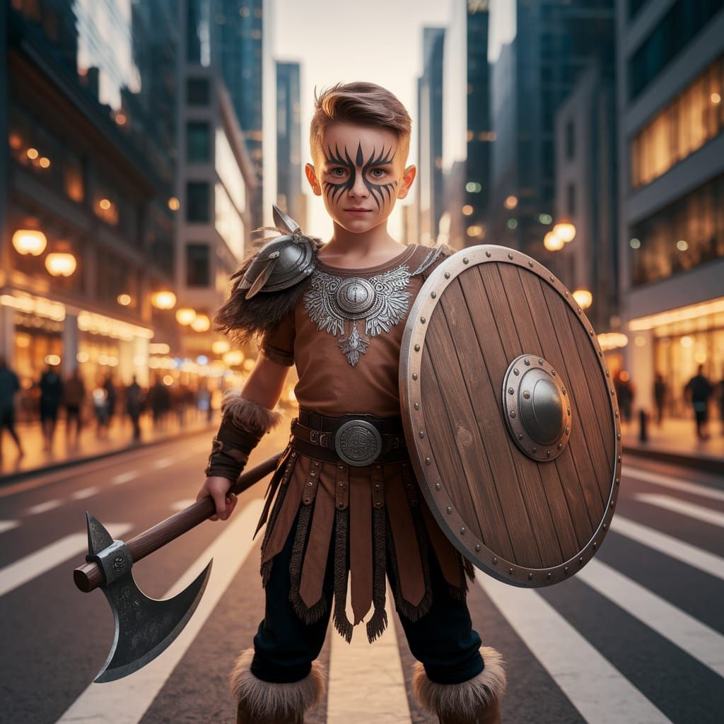 Warrior Boy in Modern Cityscape