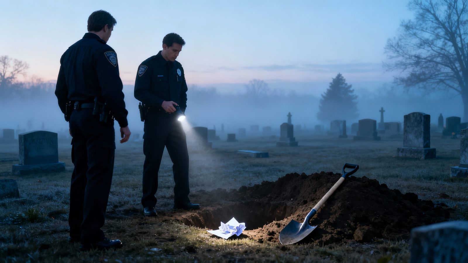 Dawn Cemetery Scene: Police Investigate Fresh Grave