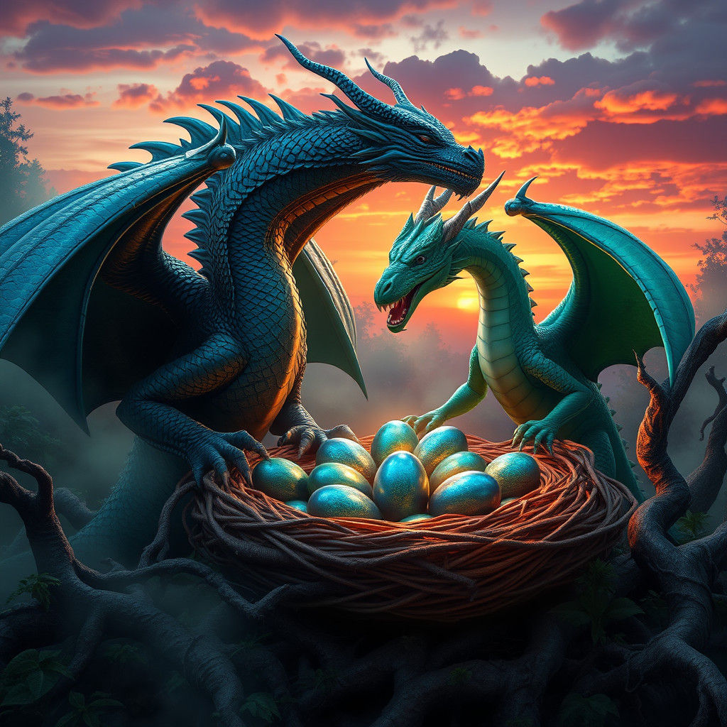 Dragons Guarding Nest in Hyper-Realistic Detail