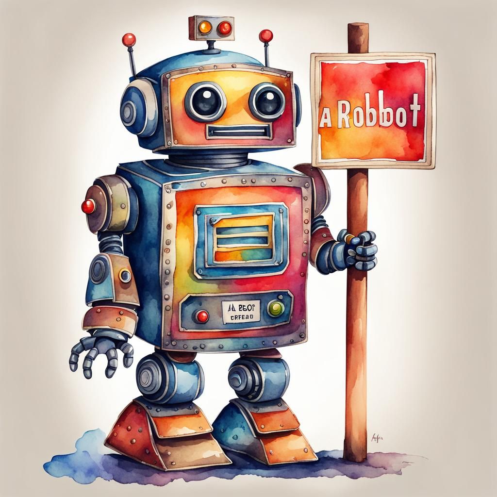 Cute Robot Holding a Sign in Watercolor Style