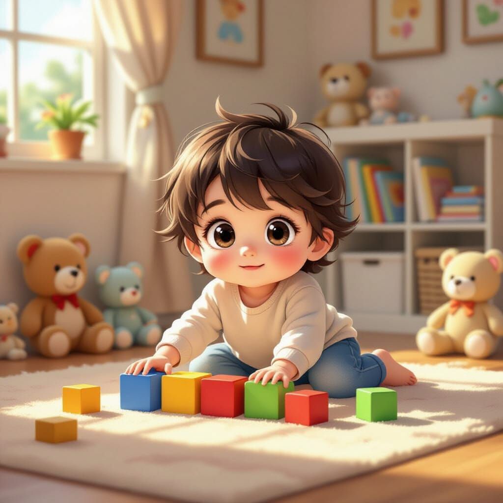 Cute Baby Plays With Colorful Blocks in Sunlit Bedroom