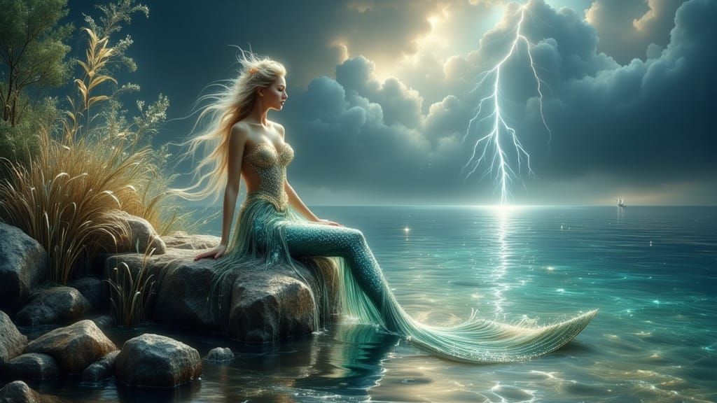 Mermaid Watching Distant Storm in Dreamy Style