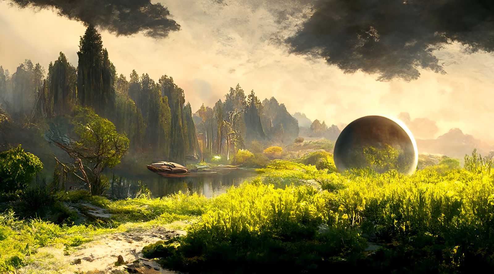 Alien Moonrise Over a Fantasy Landscape Painting