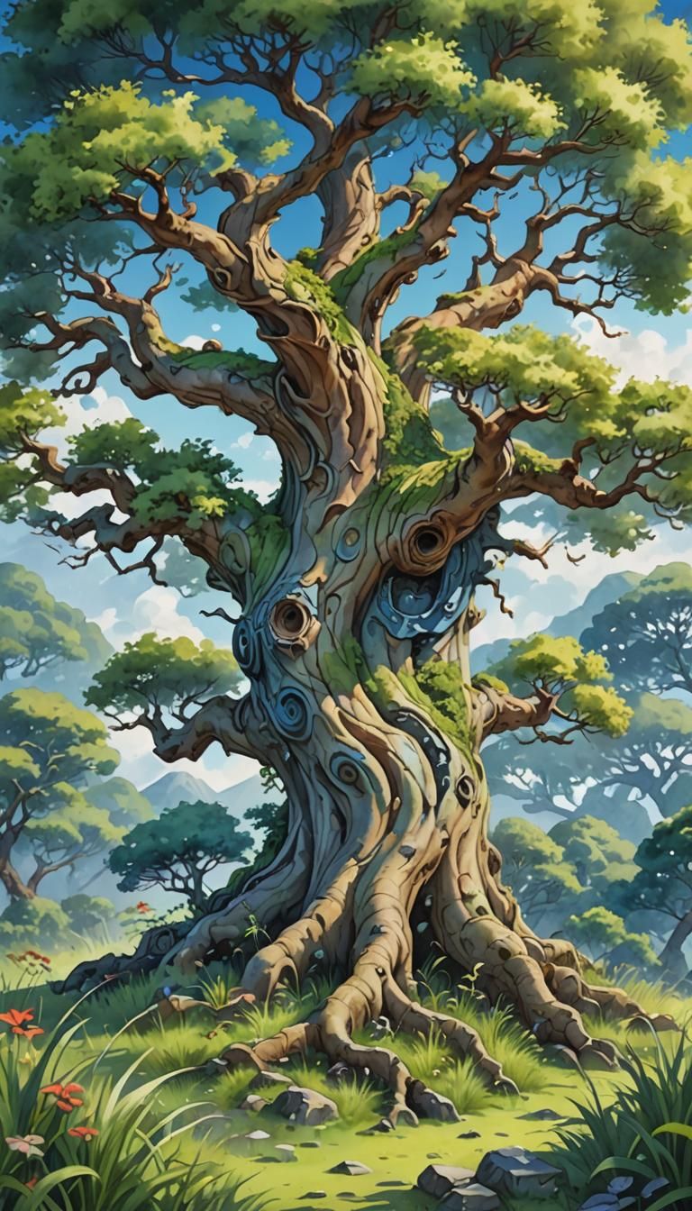 Gnarled Tree in Japanese Watercolor Style