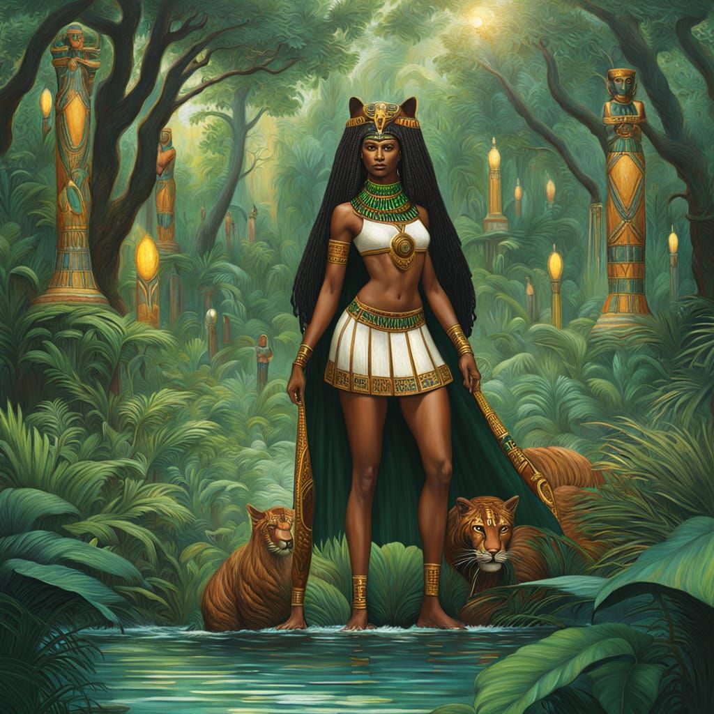 Regal Nubian-Egyptian Panther Priestess in Vibrant Jungle Se...