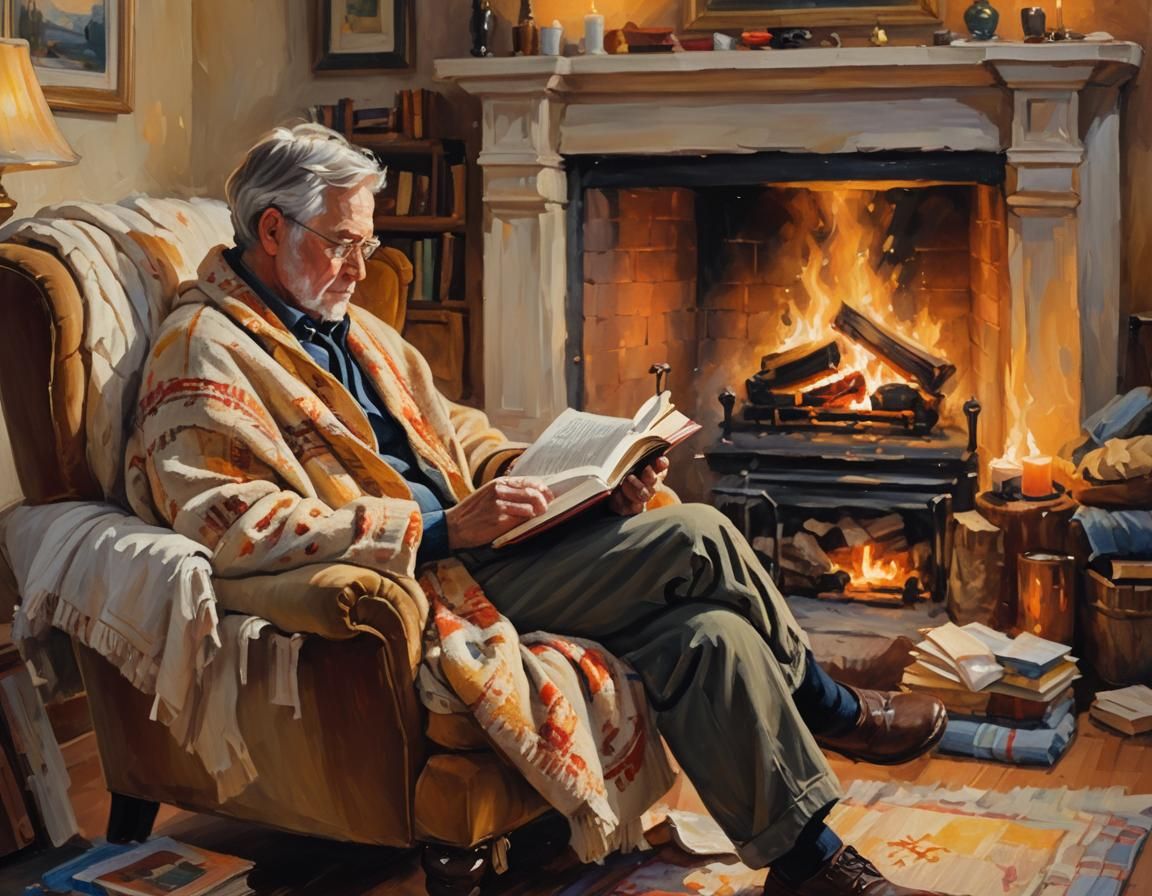 Cozy Fireplace Scene in Warm Oil Painting Style