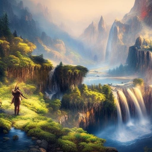 Epic Waterfall and Mountain Landscape in Digital Art