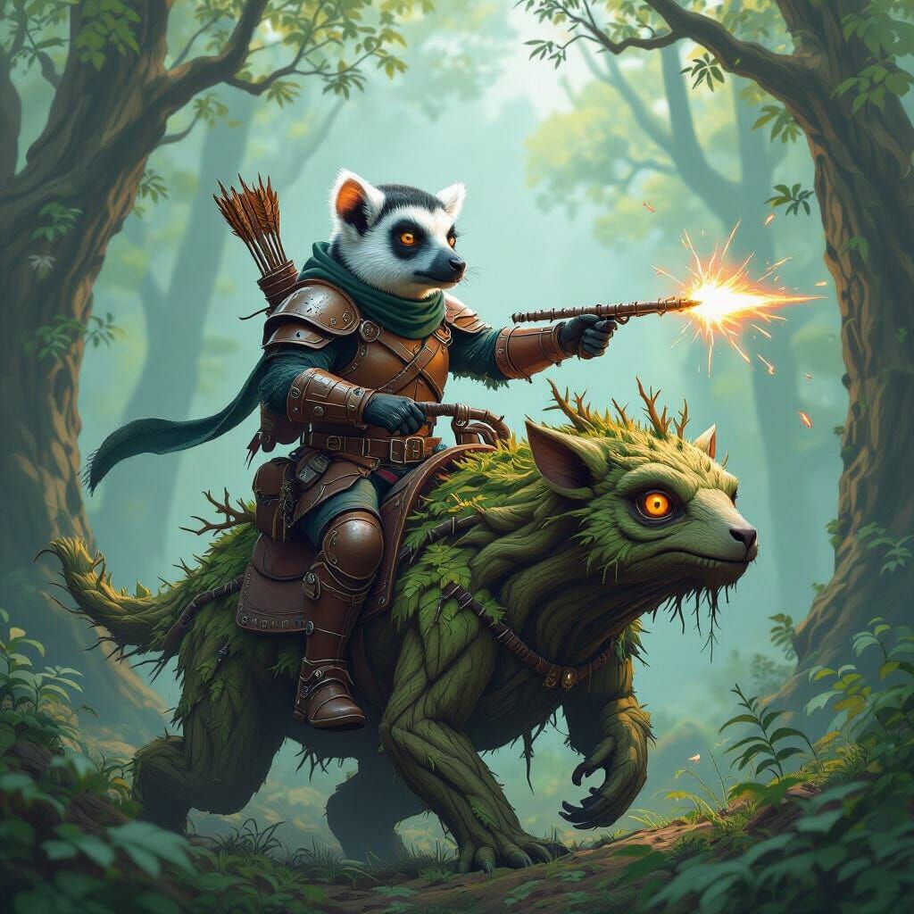 Lemur Warrior Riding Tree Creature in Magical Forest