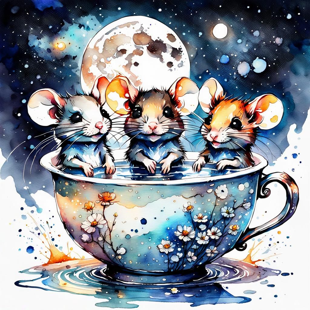 Chibi Mice Bath Time in Space, Watercolor Art