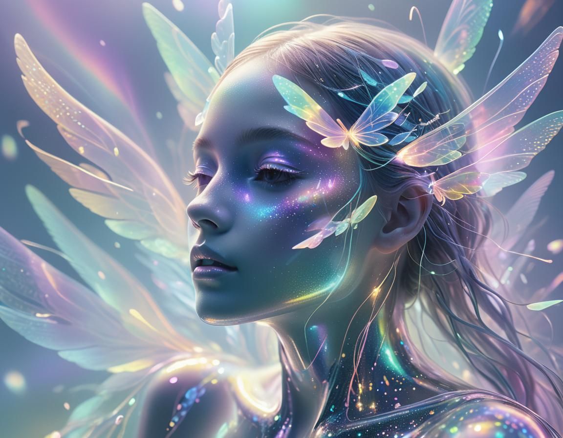 Dreamy Holographic Figure in Ethereal Digital Art Style