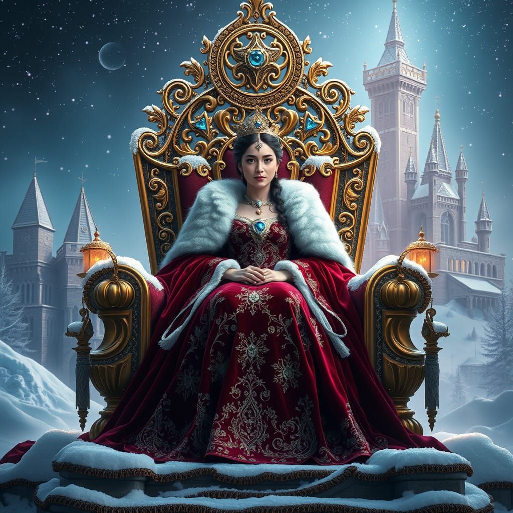 Regal Snow Queen in Majestic Castle Backdrop