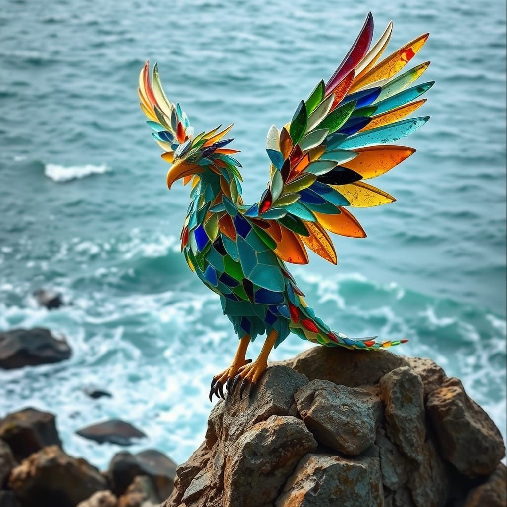 Mythical Griffin Made of Sea Glass Perched Above Turbulent S...
