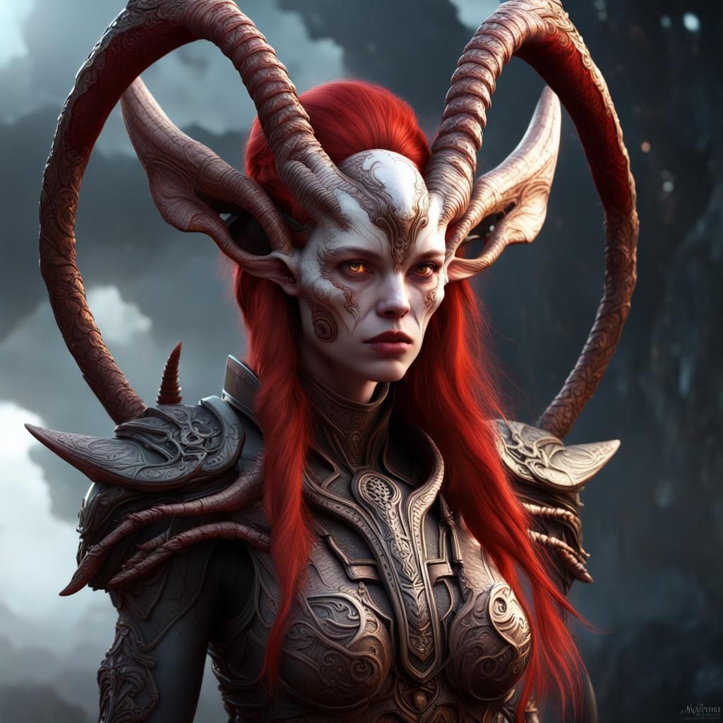 Alien Female Warrior with Horns, Detailed Digital Art