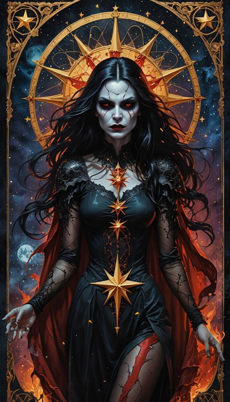 Vampire Star Tarot Card: Hyperrealistic Detailed Woman