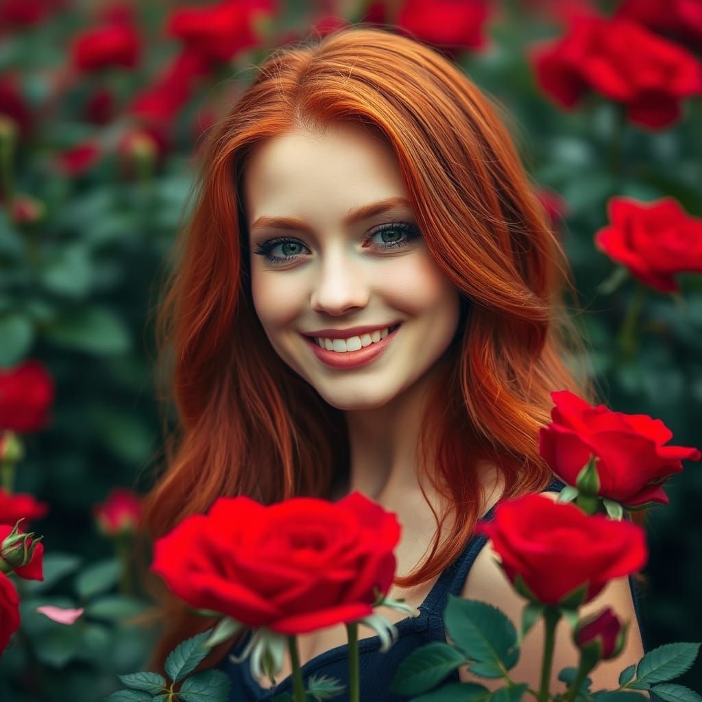 Woman with Red Hair in Rose Field Portrait