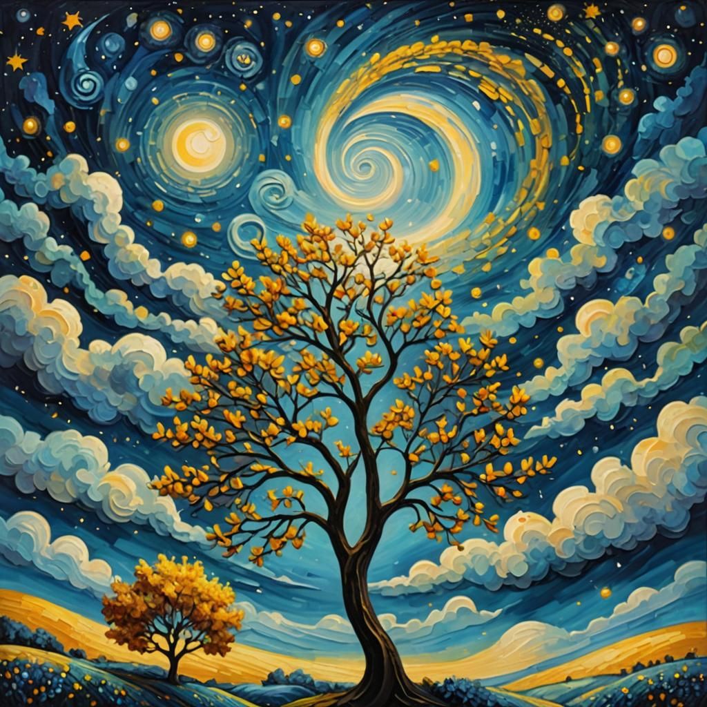 Whimsical Starry Night Folk Art Impression