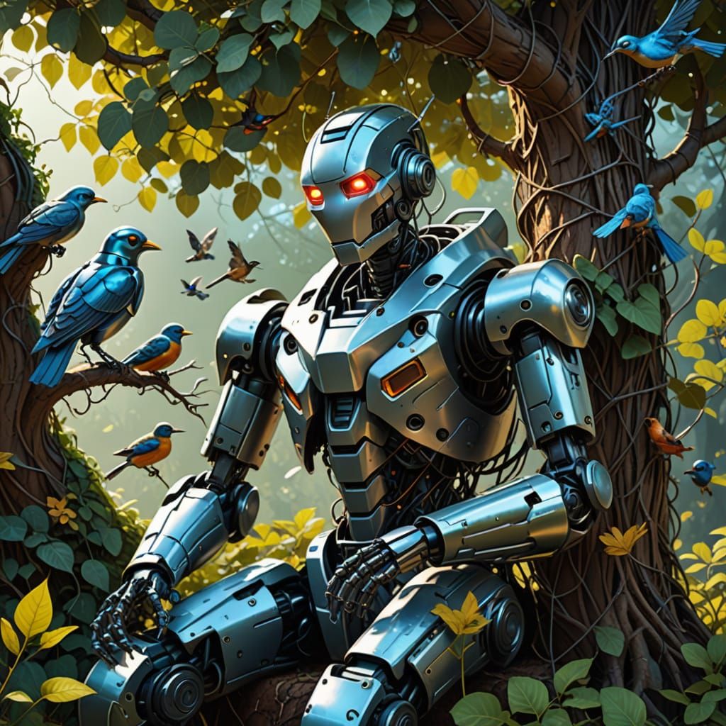 Robot and Birds Under Tree, Hyper-Realistic Digital Art