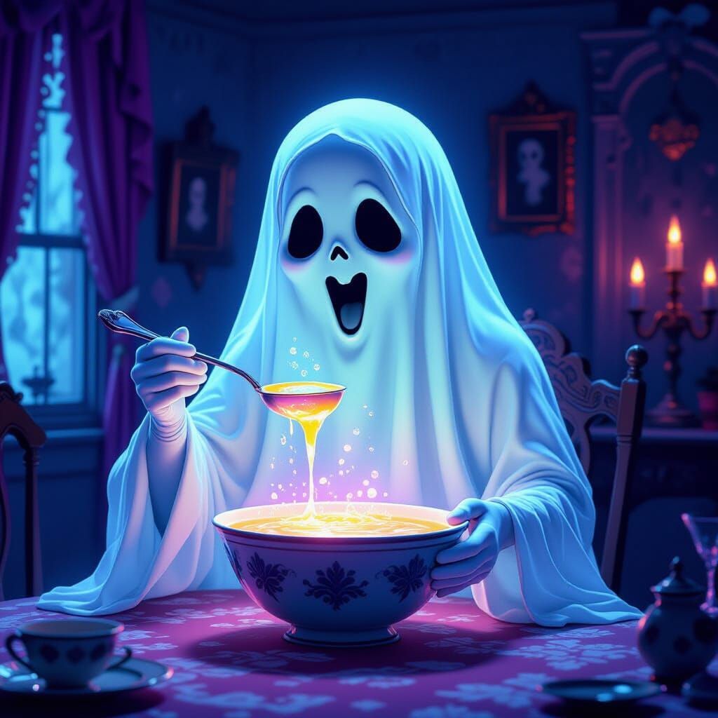 Ethereal Ghost Enjoys Ghost Soup in Haunted Dining Room