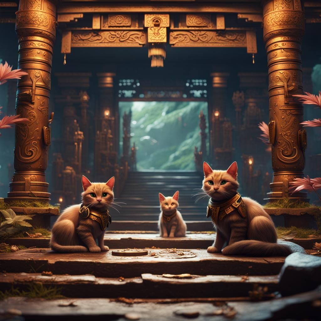 Ninja Cats Guarding a Treasure Temple in Matte Painting
