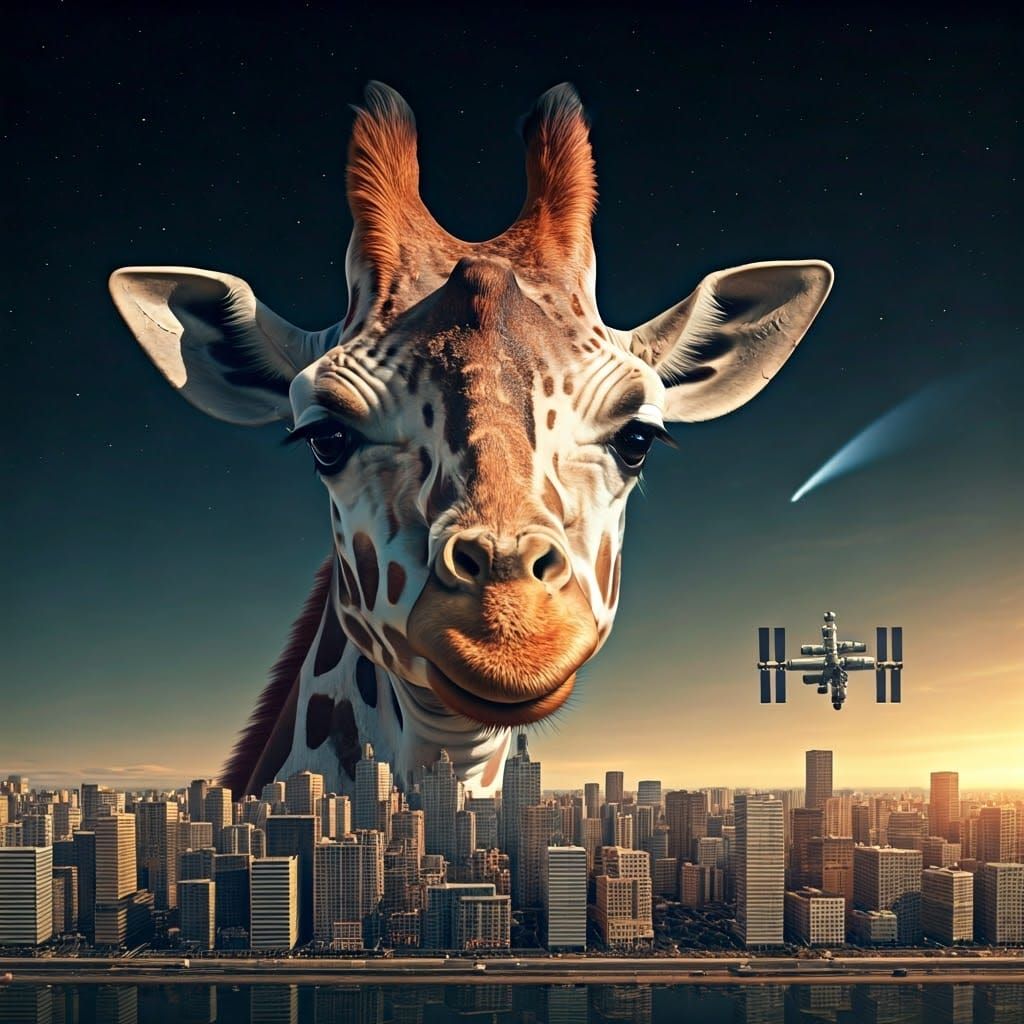 Giant Giraffe Reaches for the Moon in Stunning Cityscape