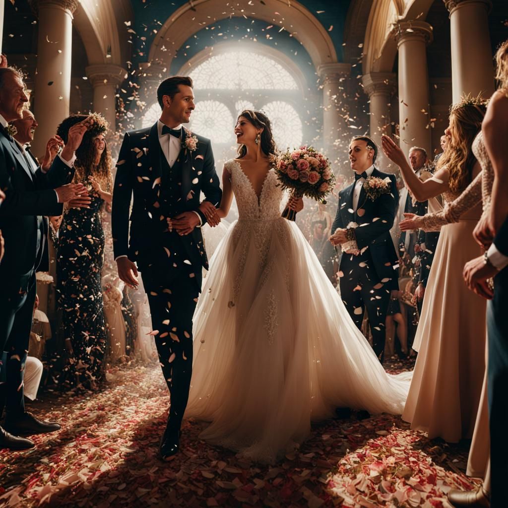 wedding couple walking down aisle and witnesses throwing con...