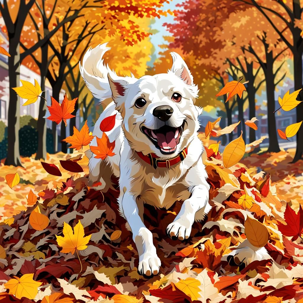 Joyful Dog Diving into Autumn Leaves