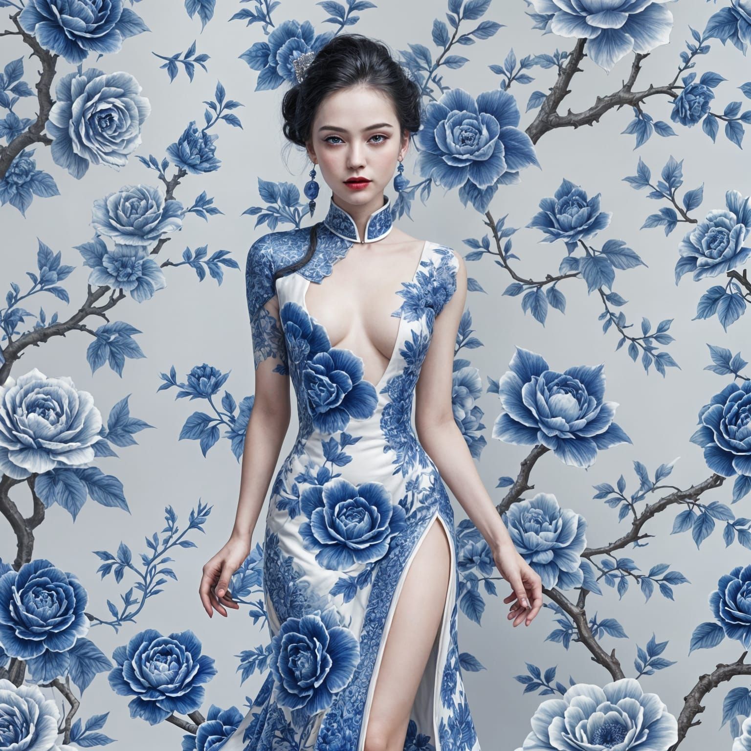 Blue Porcelain Woman with Red Lips