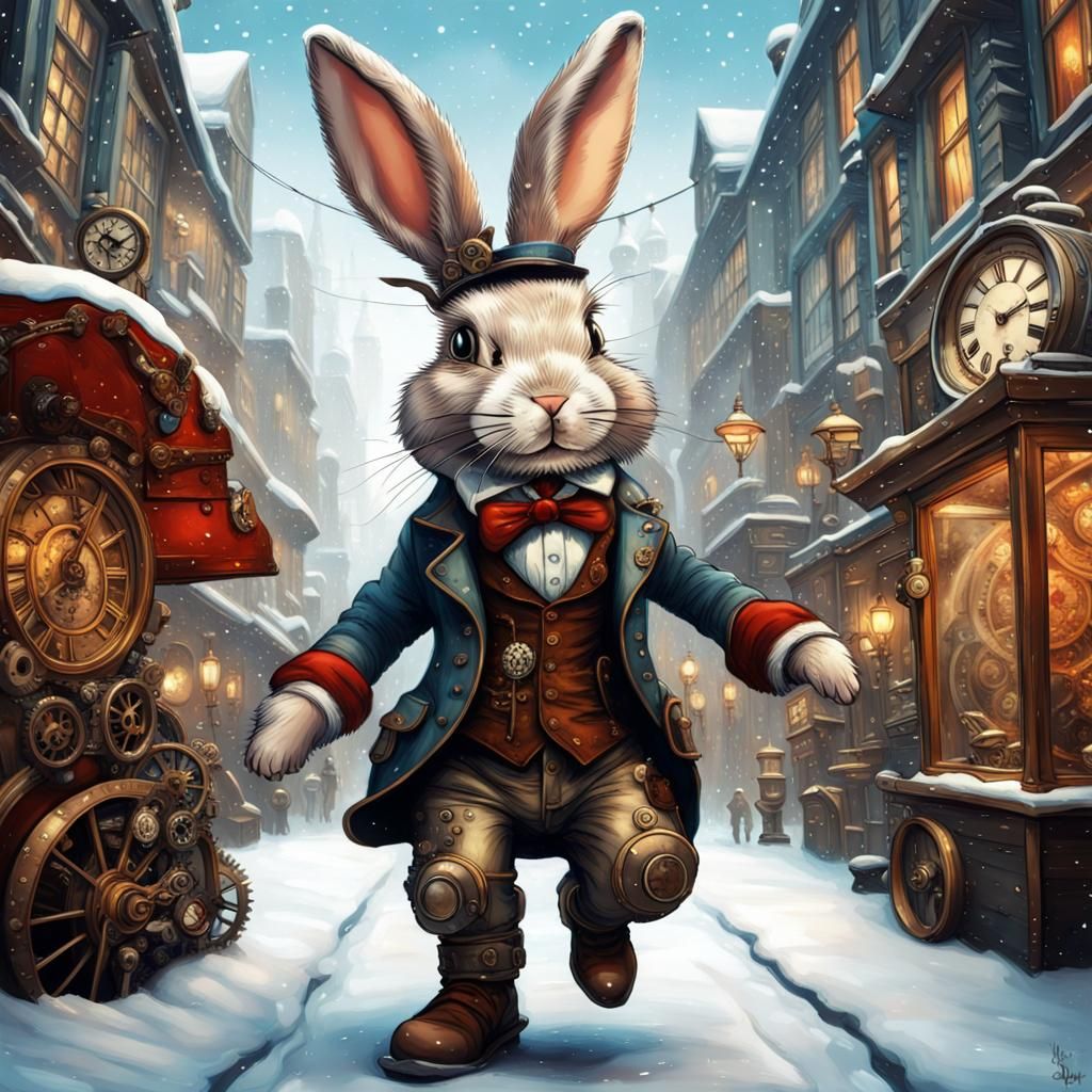 Steampunk Bunny Rushes Through Winter Wonderland