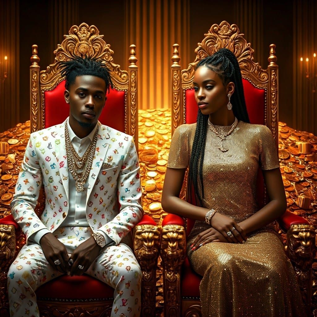 Regal Young Couple Seated on Treasure Thrones in Cinematic S...