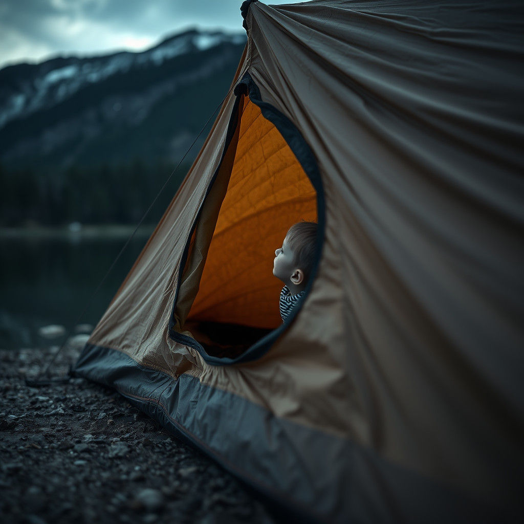 Boy Scout Peeks Out of Lakeside Tent