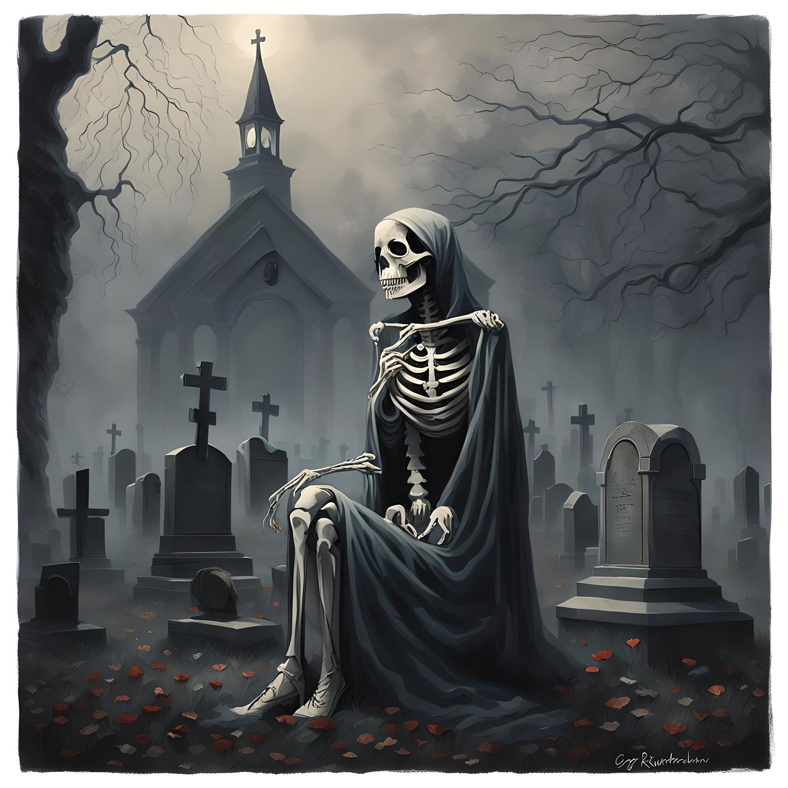Skeleton Lady Weeping in Foggy Cemetery