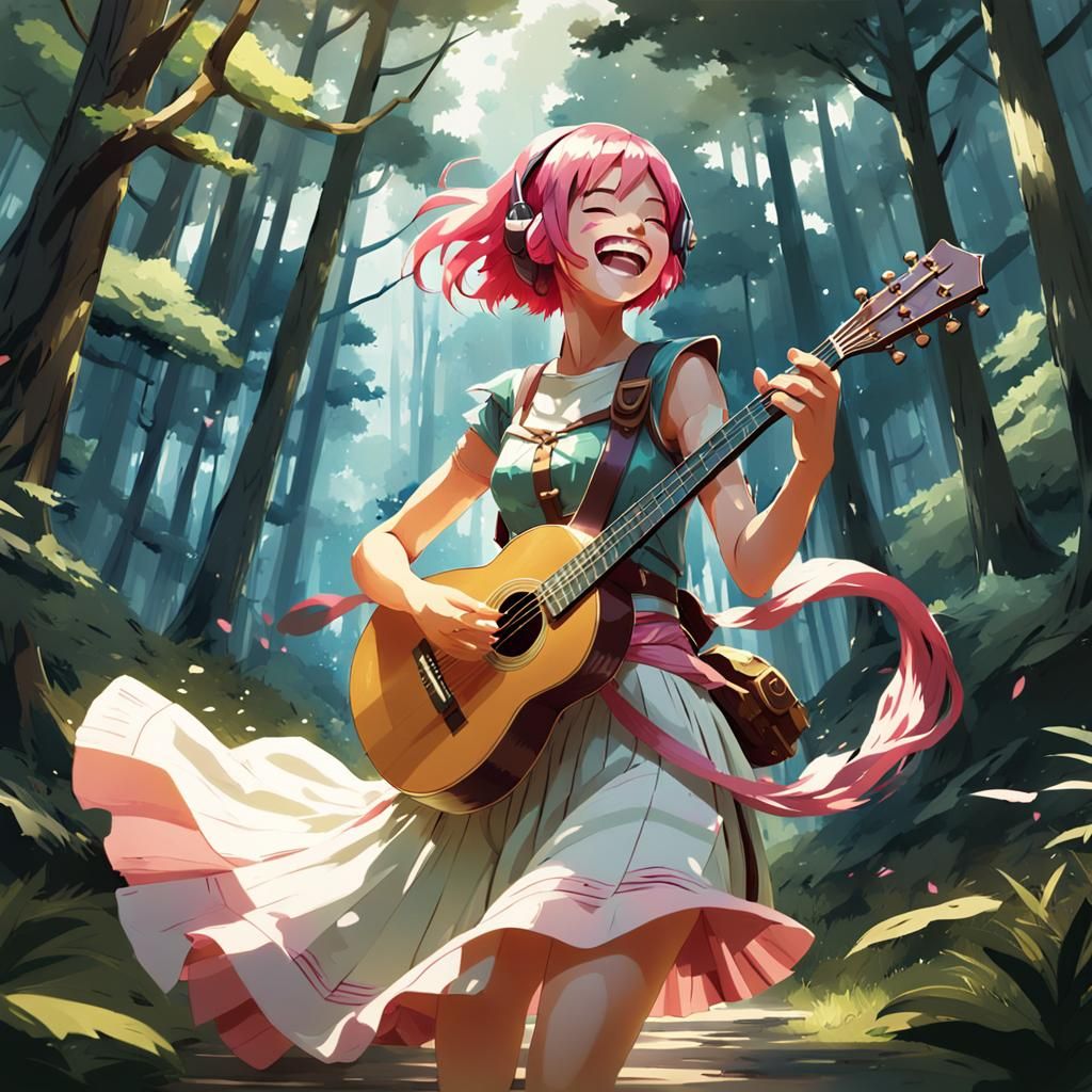Anime-Style Fantasy Bard in Forest Scene