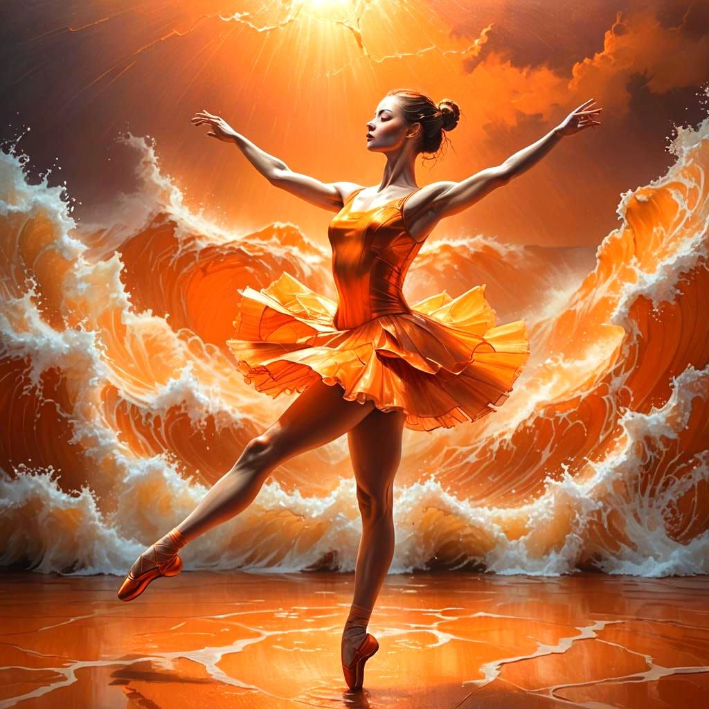 Orange Ballerina on Stormy Sea, Klimt-Inspired Art