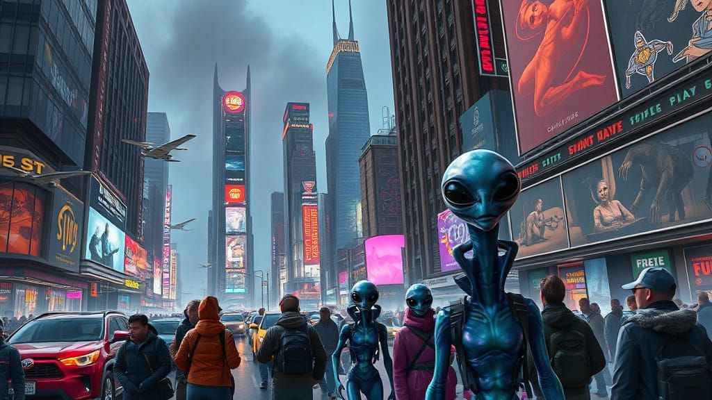 Futuristic Cityscape with Alien Tourists in Neon-Lit Skyscra...