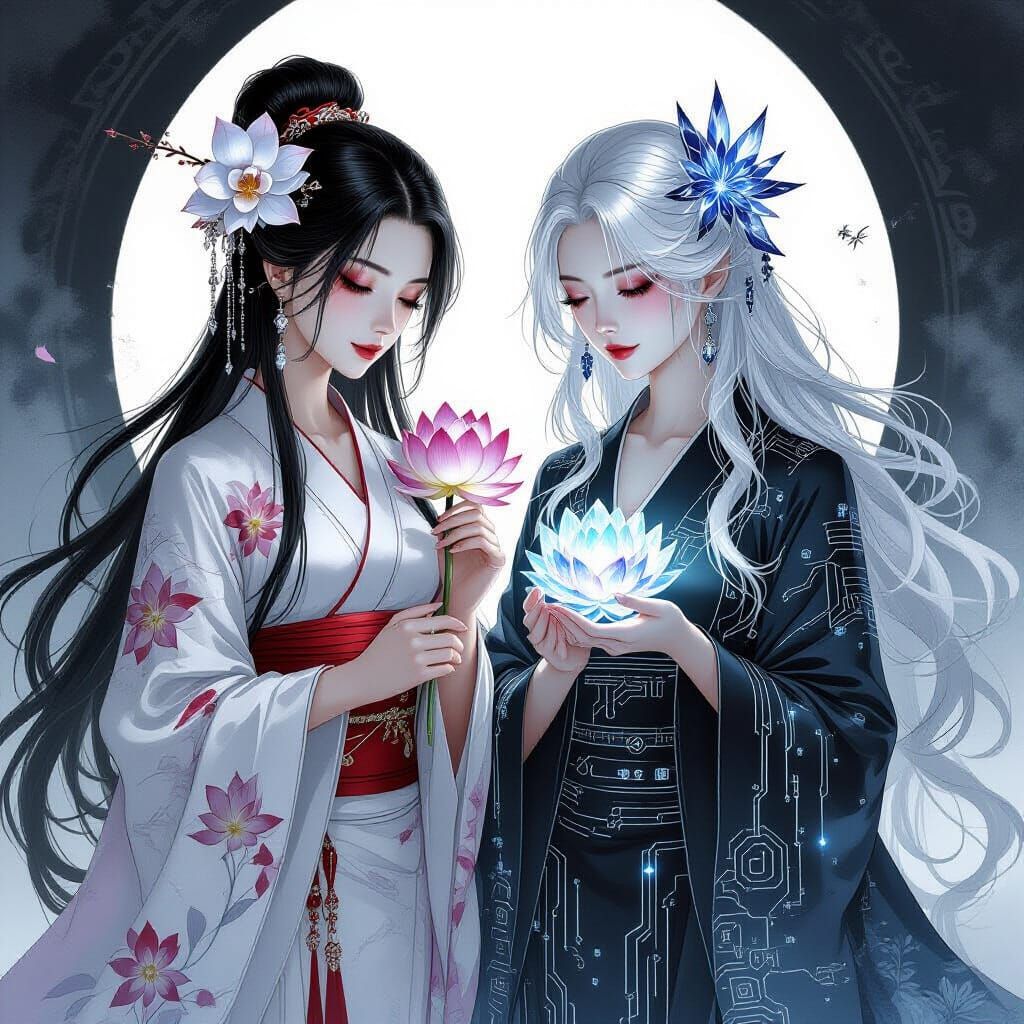 Yin and Yang Women with Hybrid Flowers, Anime Concept Art