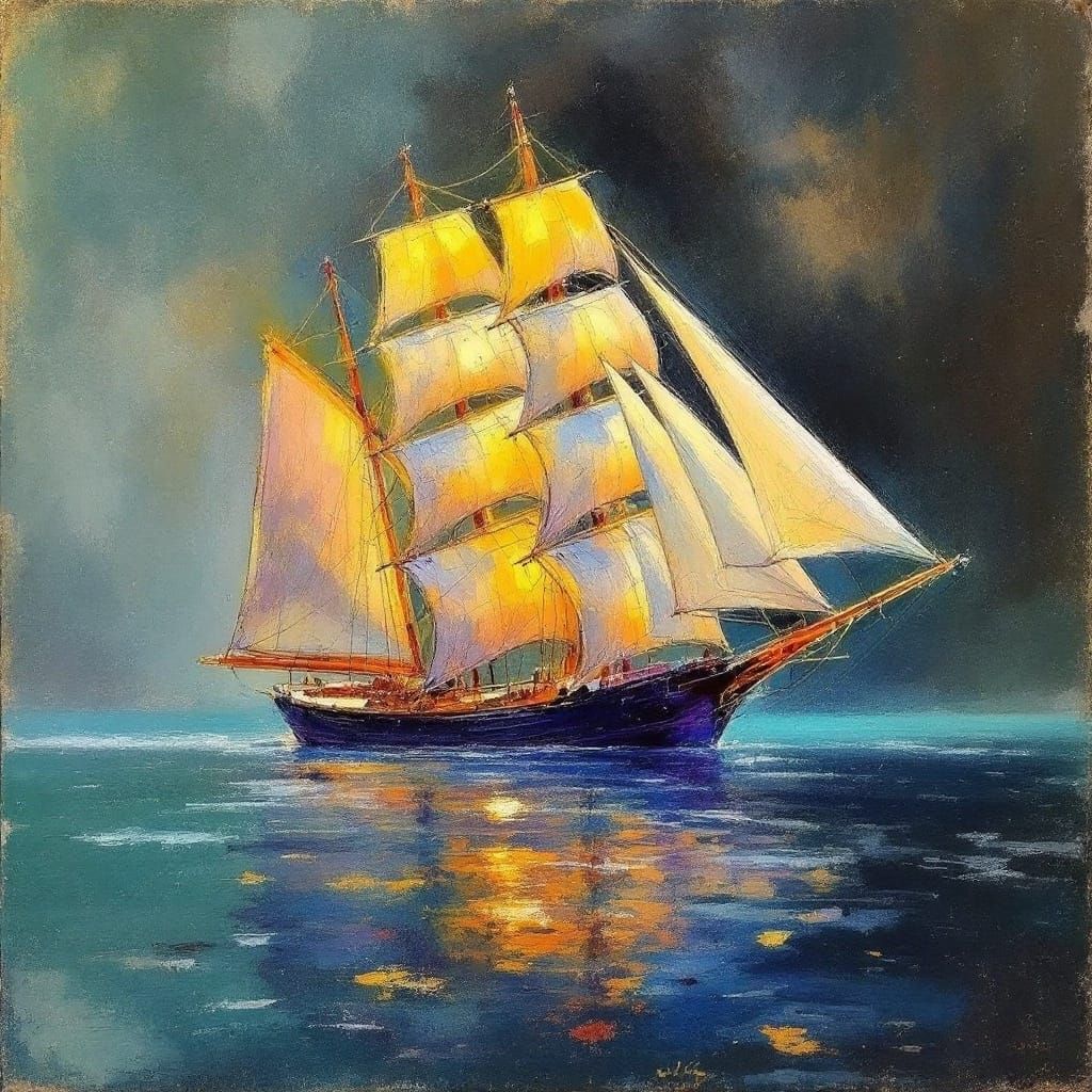 Impressionist Sailing Ship Captured in Expressive Pastel