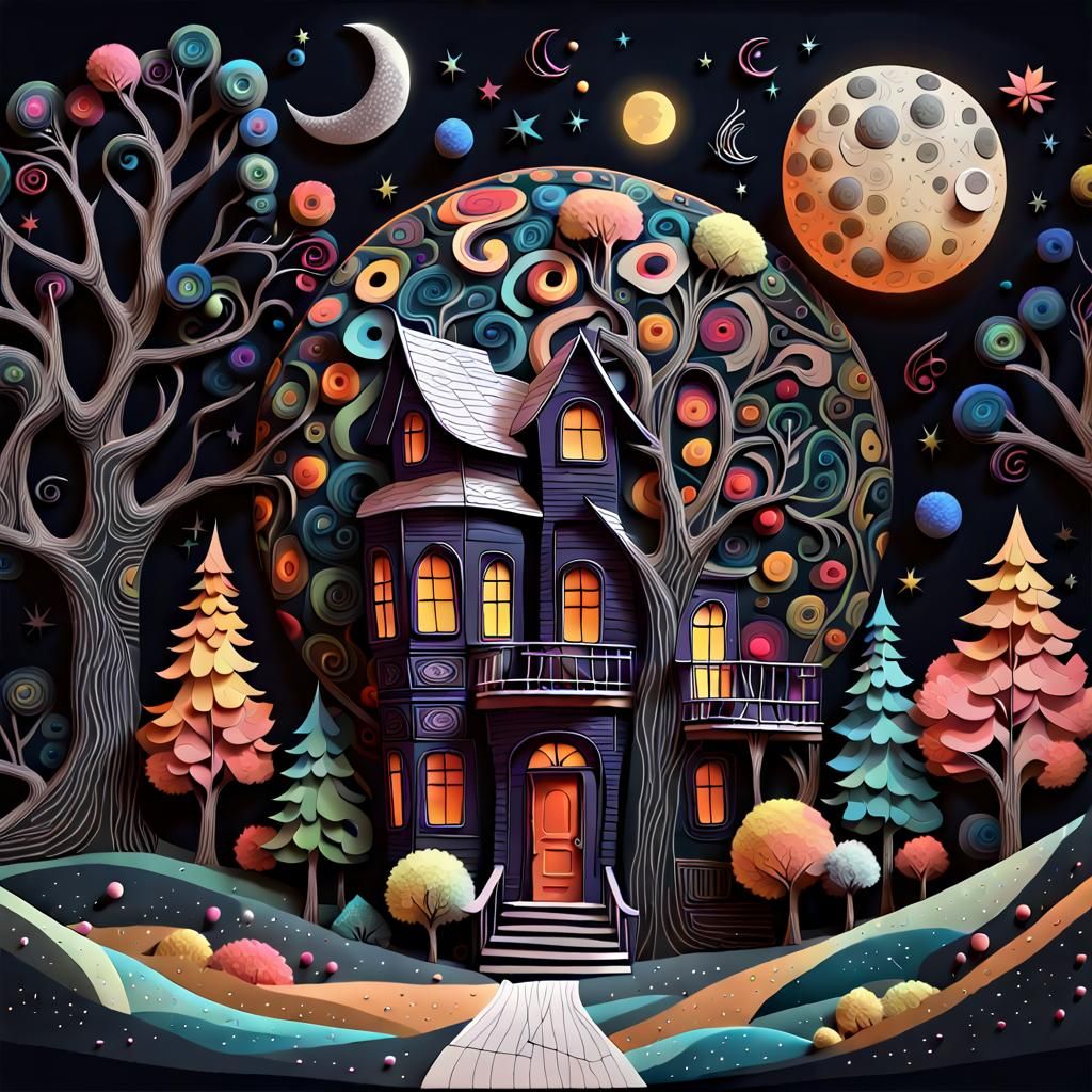 Musical House with Colorful Trees in Folk Art Style