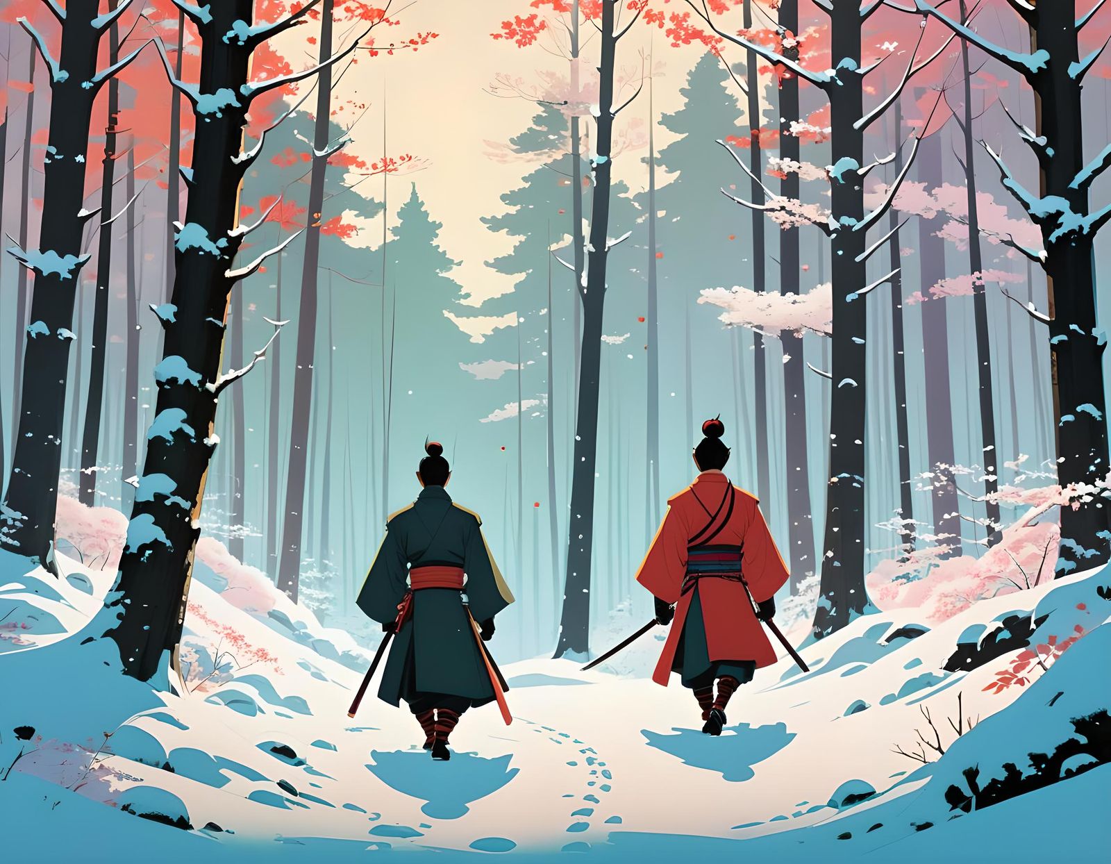 Two Samurai Walking Through a Winter Forest