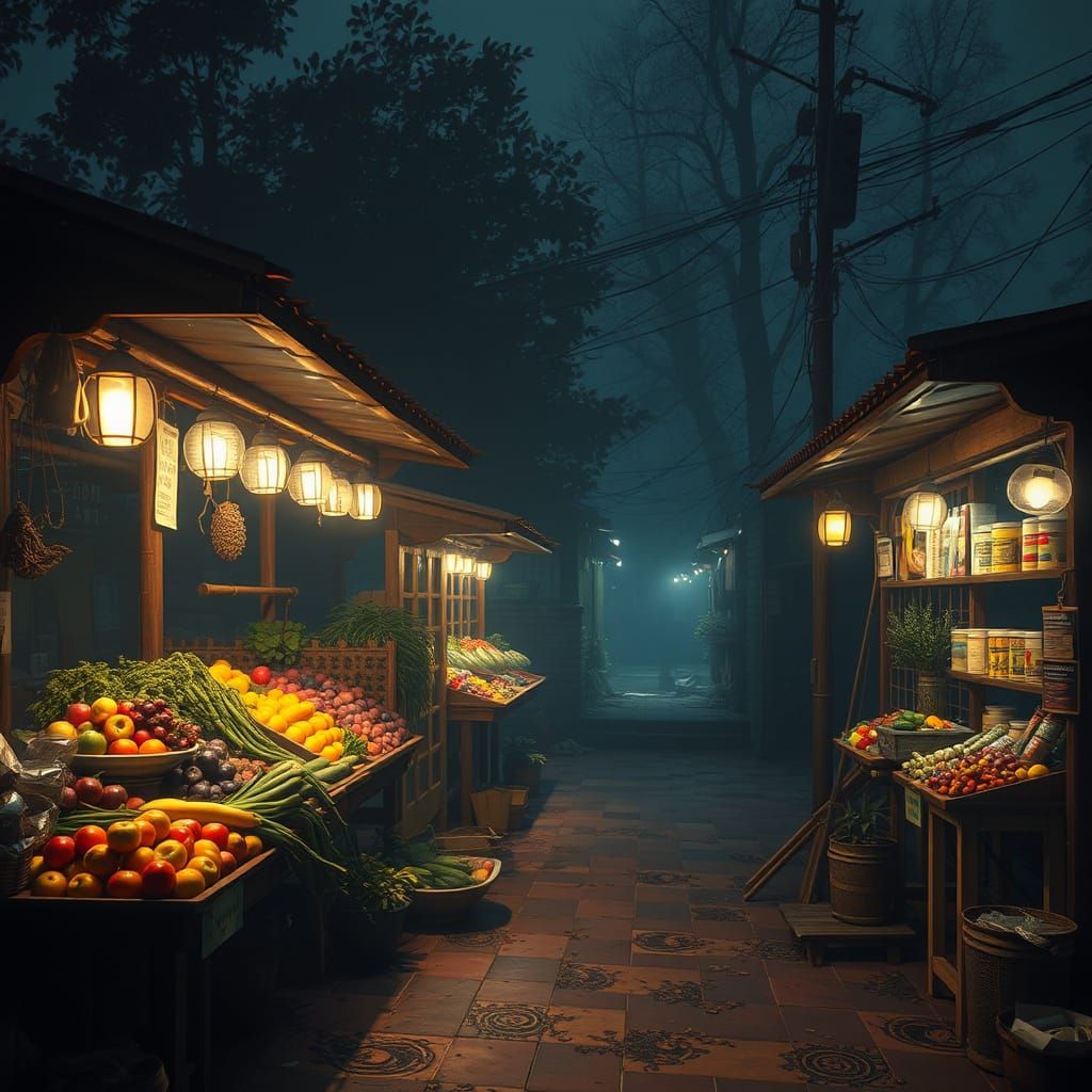 Soft-Colored Nighttime Street Market in Vintage Painting Sty...