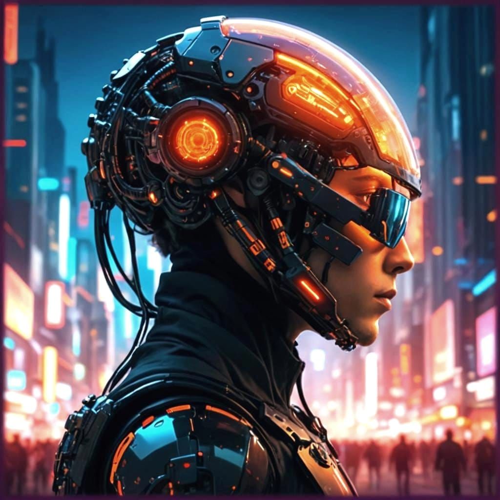 Android in Cyberpunk Cityscape with Exoskeleton