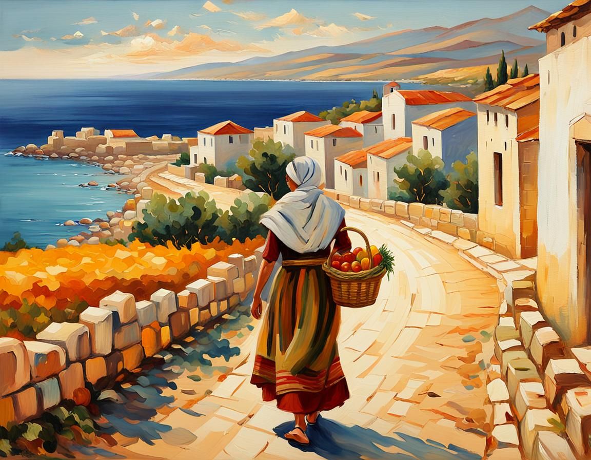 Cypriot Woman Coastal Walk: Impressionist Painting