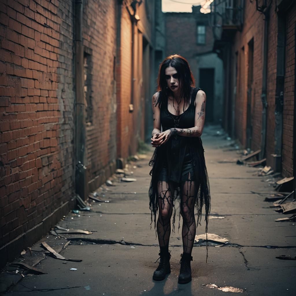 Vampiric Woman in Abandoned Alleyway: Cinematic Film Still