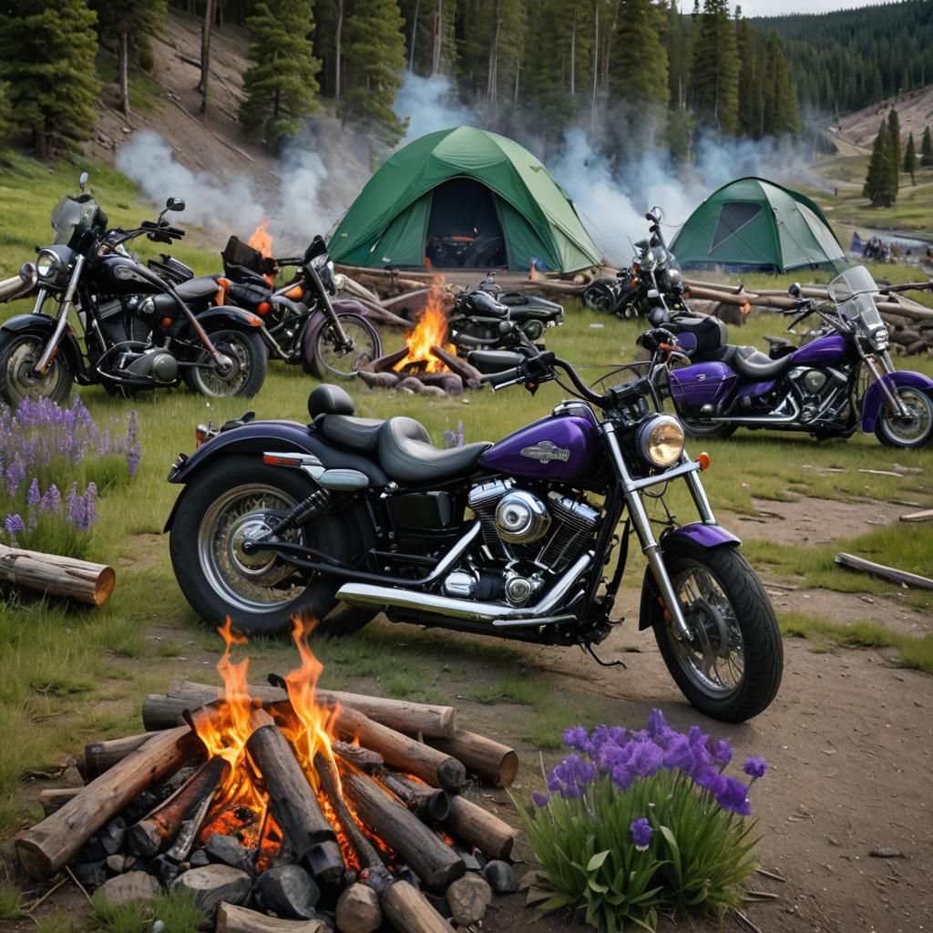 Harley Davidson motorcycle, Bikers, tents, campfire