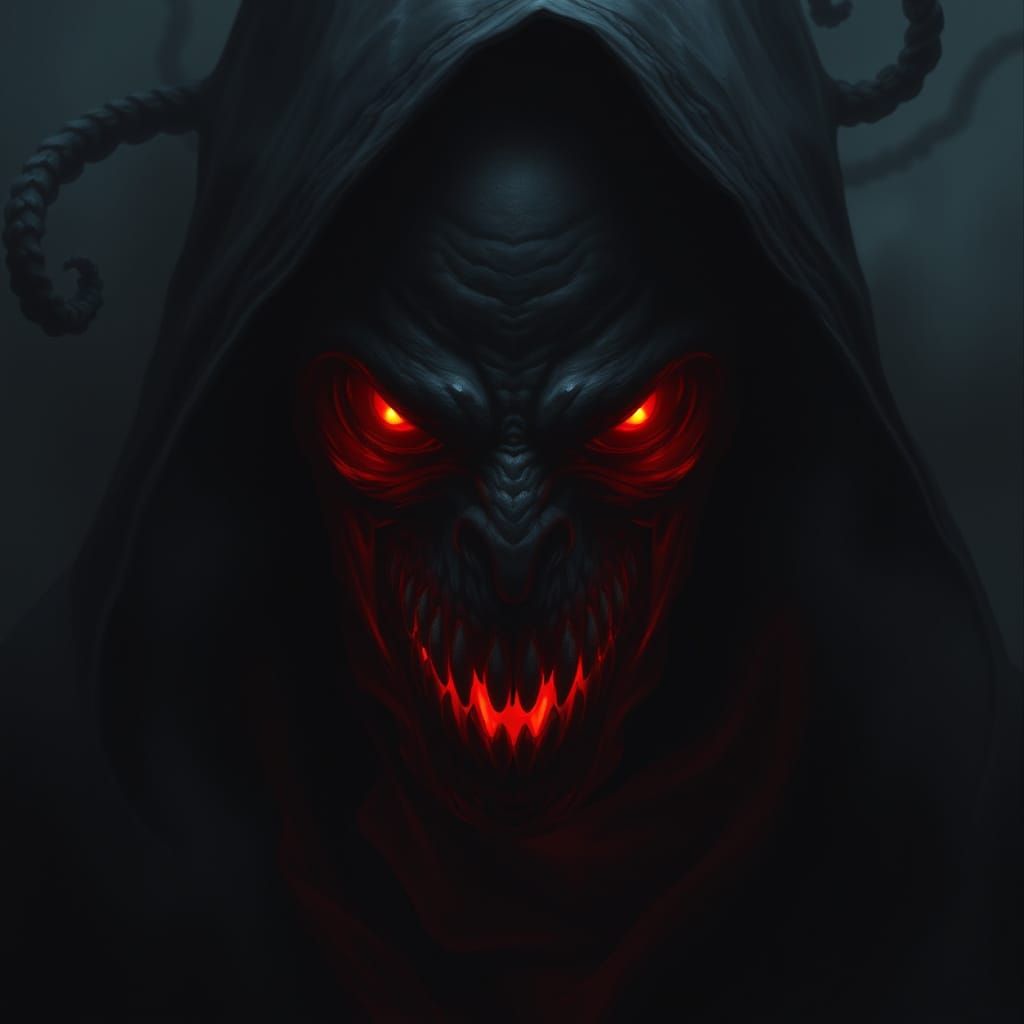 Dark Figure with Red Glowing Eyes and Smile
