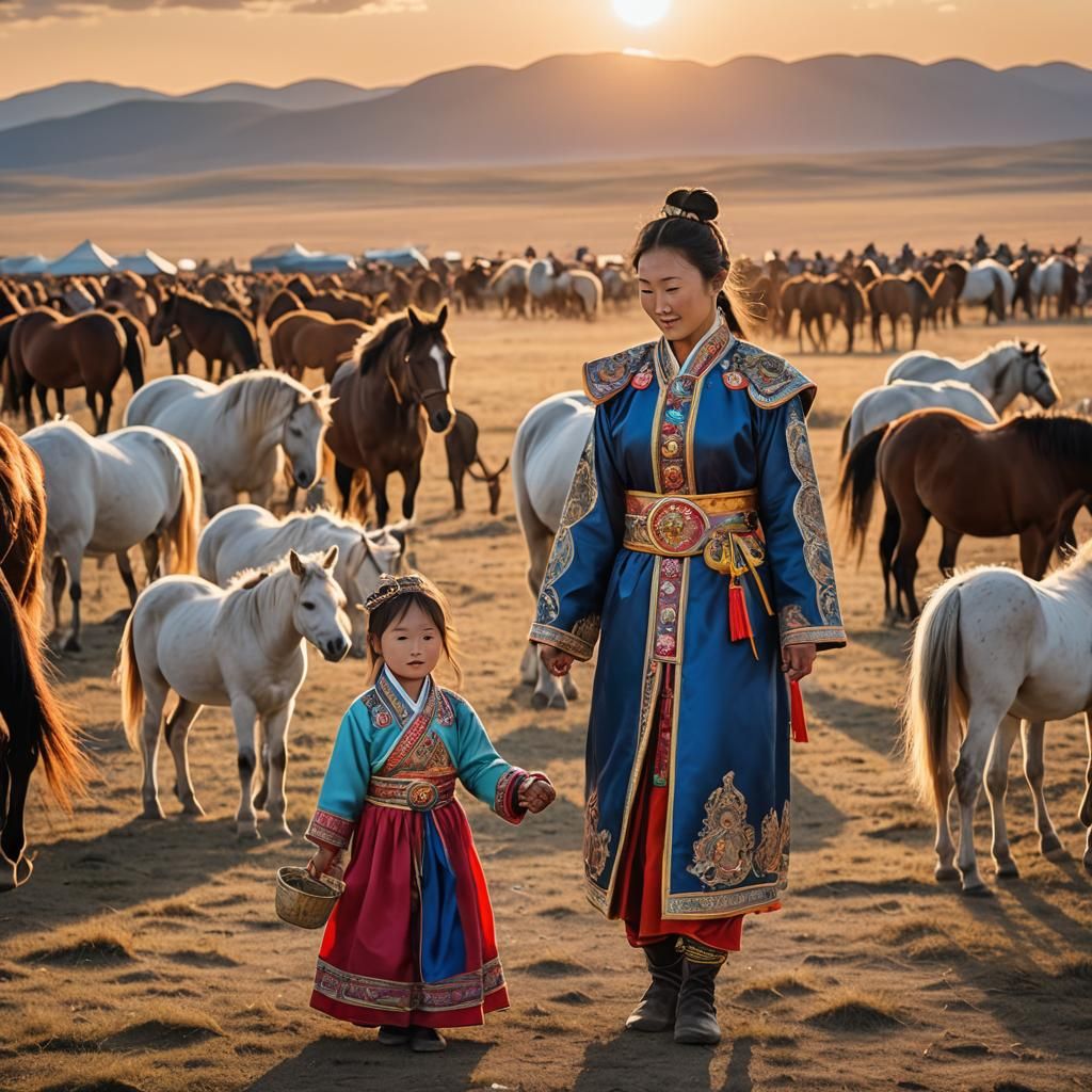 Mongolian Mother and Daughter at Sunset
