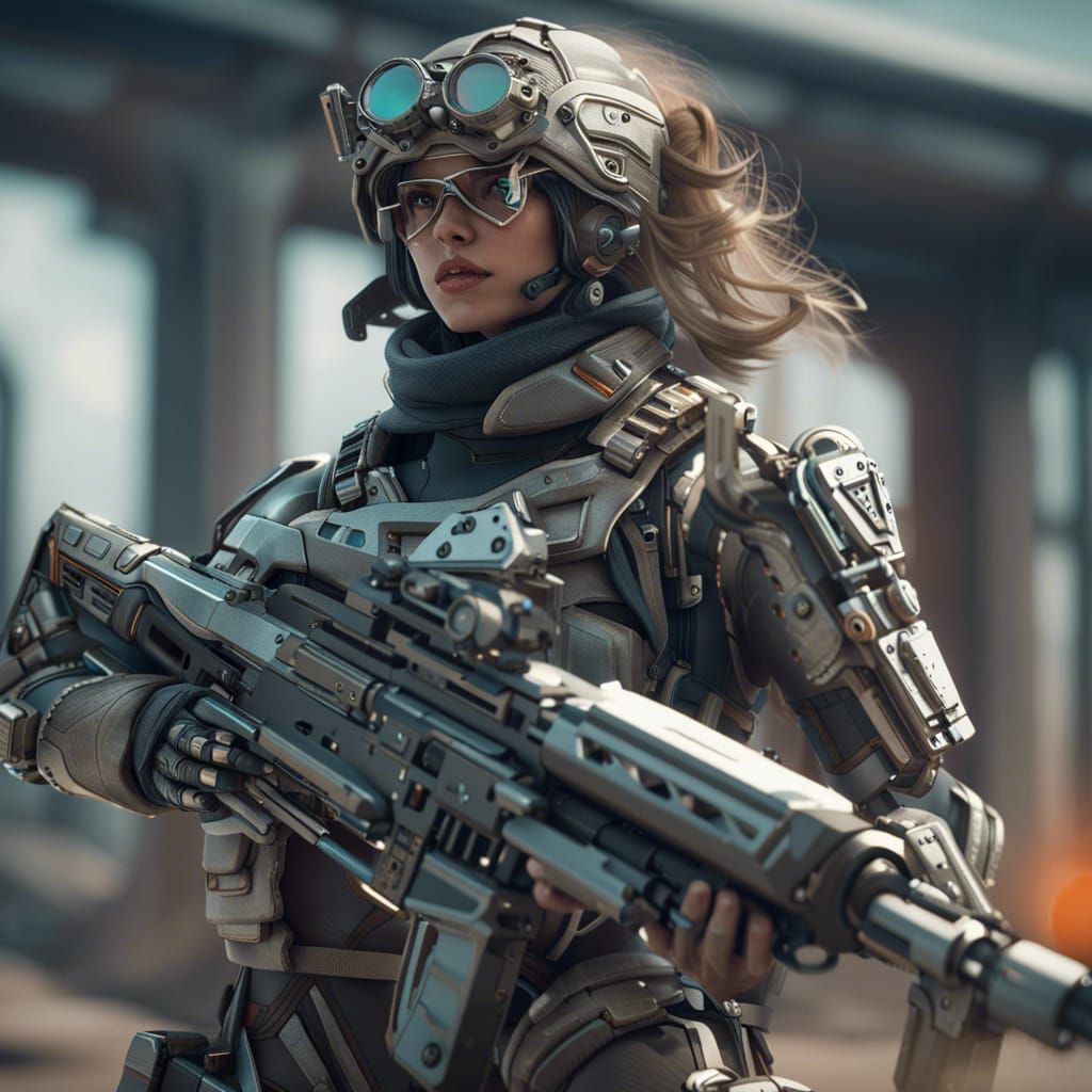 Futuristic Sci-Fi Woman Soldier with Rifle
