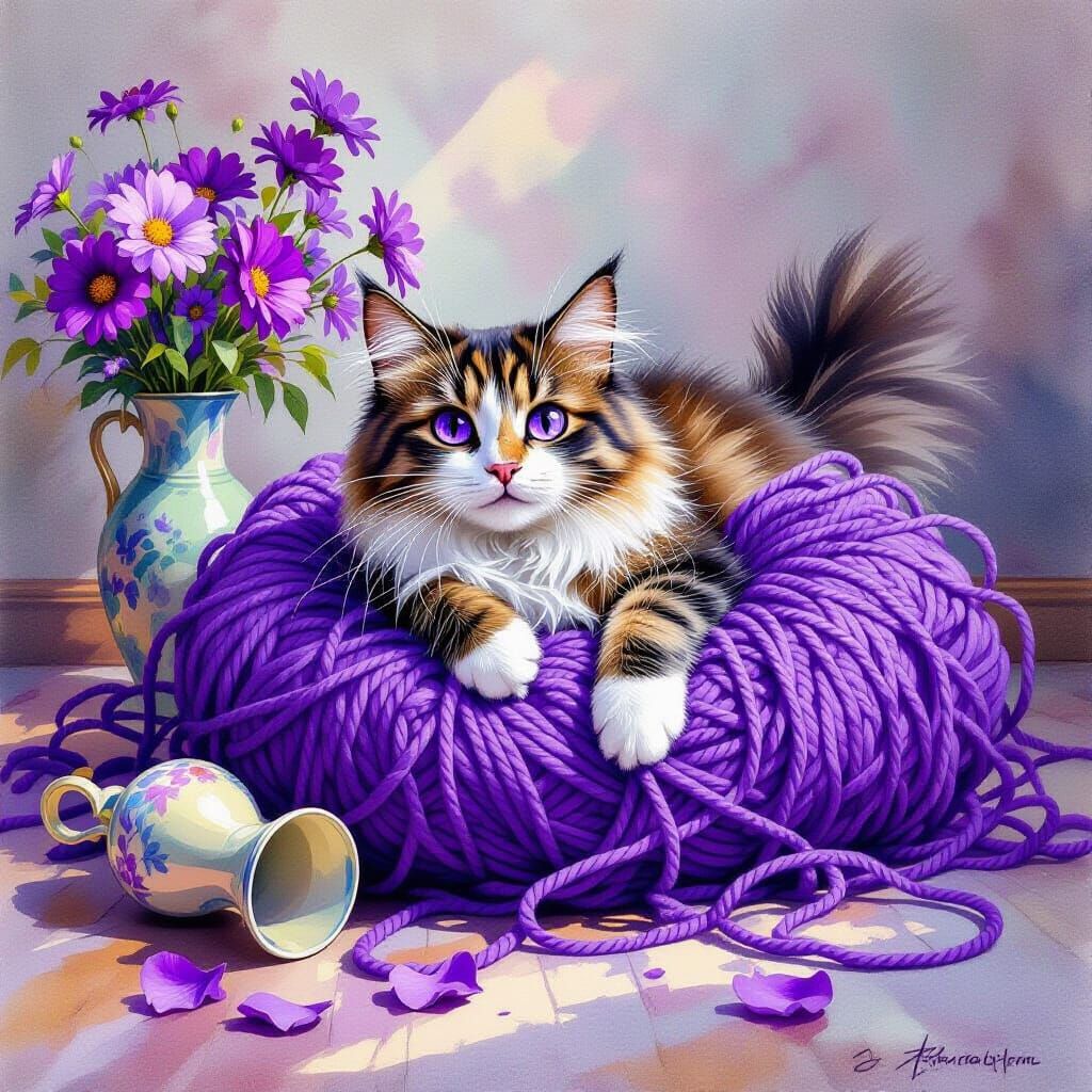 Playful Cat Tangled in Purple Yarn, Watercolor Style