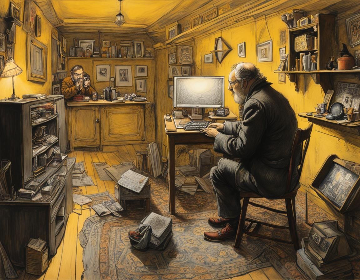 Man downloading information from his computer in a messy bas...